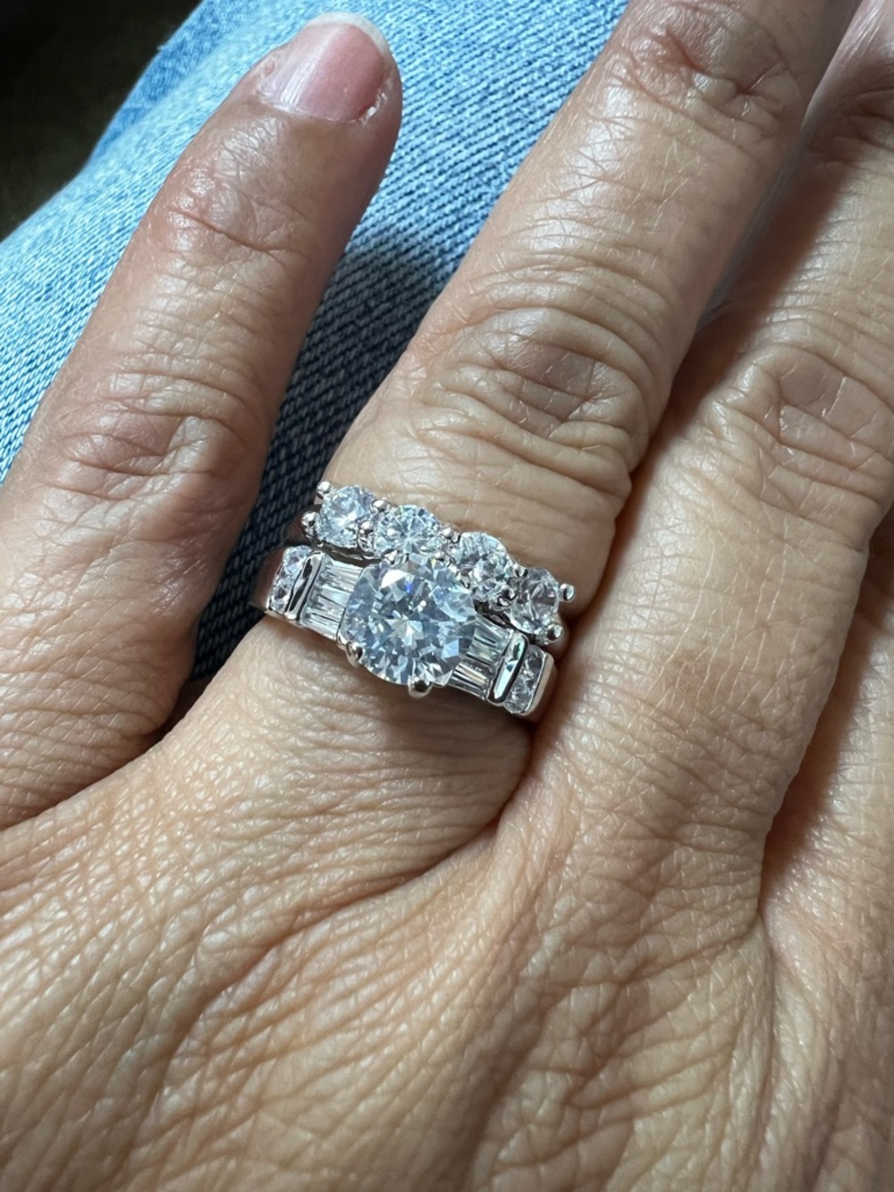 Silver Tone CZ Bridal 2-Piece Wedding Set Round & Baguette Size 7.75 #7751